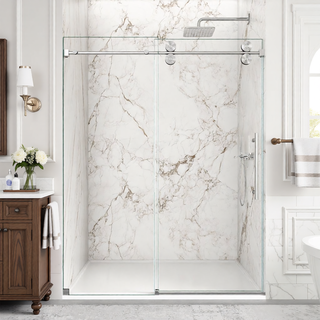 Sunvega Frameless Single Sliding Shower Door with 8mm Tempered Glass and Chrome Finish