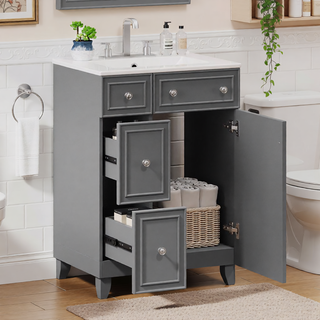 Sunvega 24-Inch Bathroom Vanity Cabinet with Ceramic Sink and Storage
