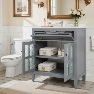 Sunvega Modern 30 Inch Bathroom Vanity with Ceramic Sink and Tempered Glass