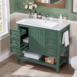 Sunvega 36 Inch Bathroom Vanity Cabinet Base with Drawers and Open Shelf in Black