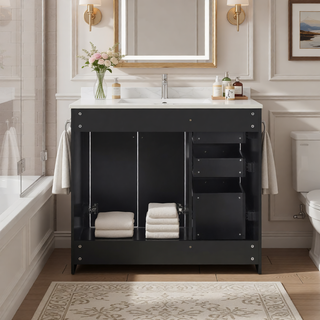 Sunvega 30 Inch Solid Wood Freestanding Bathroom Vanity with Ceramic Sink and Storage
