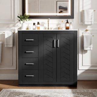 Sunvega 30 Inch Solid Wood Freestanding Bathroom Vanity with Ceramic Sink and Storage