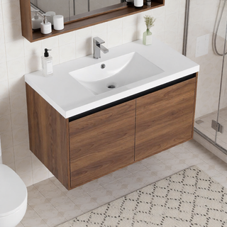 Sunvega 30 Inch Brown Bathroom Vanity with Resin Countertop Sink and 2 Doors
