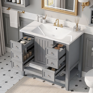 Sunvega 36 Inch Bathroom Vanity Cabinet Base with Drawers and Open Shelf in Black