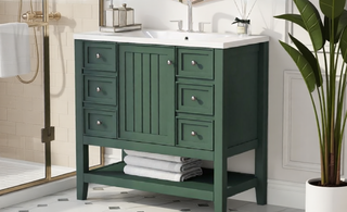 Sunvega 36 Inch Bathroom Vanity Cabinet Base with Drawers and Open Shelf in Black