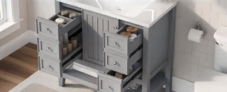 Sunvega 36 Inch Bathroom Vanity Cabinet Base with Drawers and Open Shelf in Black