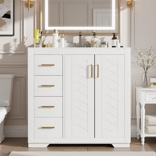 Sunvega 30 Inch Solid Wood Freestanding Bathroom Vanity with Ceramic Sink and Storage