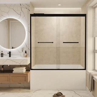 Sunvega Tempered Glass Sliding Shower Door with Aluminum Frame and Stainless Steel Handle