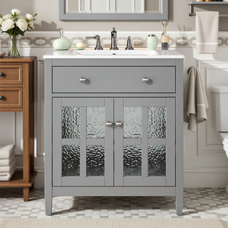 Sunvega Modern 30 Inch Bathroom Vanity with Ceramic Sink and Tempered Glass
