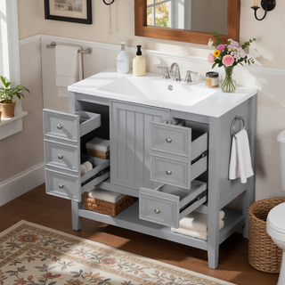 Sunvega 36 Inch Bathroom Vanity Cabinet Base with Drawers and Open Shelf in Black