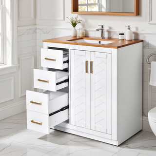 Sunvega 30 Inch Solid Wood Freestanding Bathroom Vanity with Ceramic Sink and Storage