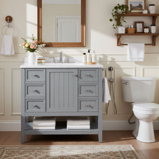 Sunvega 36 Inch Bathroom Vanity Cabinet Base with Drawers and Open Shelf in Black