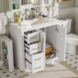 Sunvega 30 Inch Solid Wood Freestanding Bathroom Vanity with Ceramic Sink and Storage