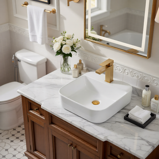 Sunvega White Ceramic Countertop Basin with High-Gloss Stain-Resistant Finish