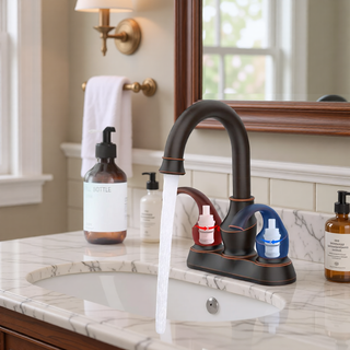 Sunvega Brushed Gold 2-Handle 4-Inch Centerset Vanity Sink Faucet with 360 Degree Rotating Spout