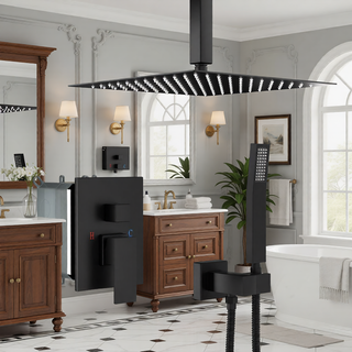 Sunvega Ceiling Mount Square Rainfall Shower System with Handheld Spray and Matte Black Finish