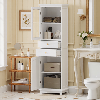 Sunvega Modern 63 Inch Tall Bathroom Storage Cabinet with Glass Doors and Two Drawers