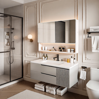 Sunvega Aluminium Medicine Cabinet Mirror with LED Light Defogging Function Cosmetic Storage Rack
