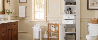 Sunvega Modern 63 Inch Tall Bathroom Storage Cabinet with Glass Doors and Two Drawers