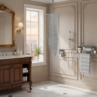 Sunvega Ceiling Mount Square Rainfall Shower System with Handheld Spray and Matte Black Finish