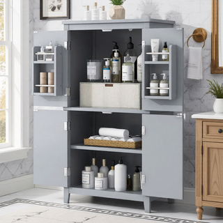 Sunvega Freestanding Bathroom Storage Cabinet with 4 Doors and Adjustable Shelves