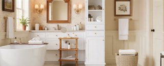 Sunvega Modern 63 Inch Tall Bathroom Storage Cabinet with Glass Doors and Two Drawers