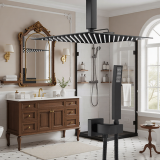 Sunvega Ceiling Mount Square Rainfall Shower System with Handheld Spray and Matte Black Finish