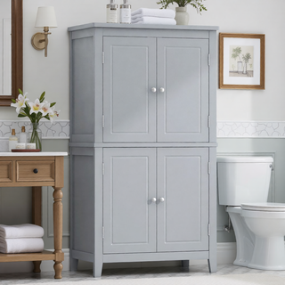 Sunvega Freestanding Bathroom Storage Cabinet with 4 Doors and Adjustable Shelves