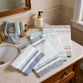 Sunvega Reversible Cotton Bath Rug with Plush Stripes and Textured Massage