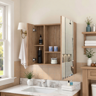 Sunvega Double Door Medicine Cabinet with Four Interior Shelves and Ample Mirror