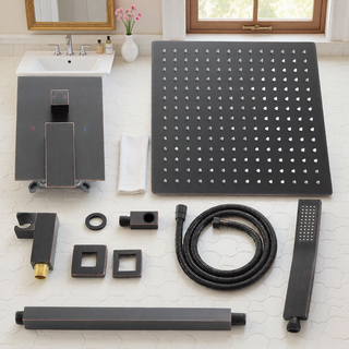 Sunvega Ceiling Mount Square Rainfall Shower System with Handheld Spray and Matte Black Finish
