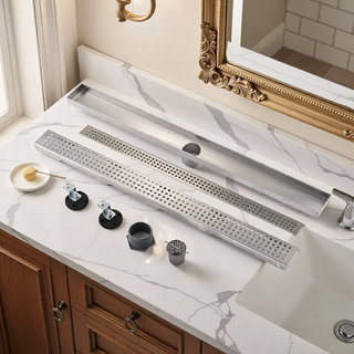 Sunvega 28 Inches Linear Shower Drain with Hair Strainer and Leveling Feet