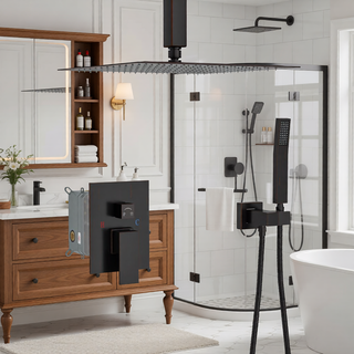 Sunvega Ceiling Mount Square Rainfall Shower System with Handheld Spray and Matte Black Finish