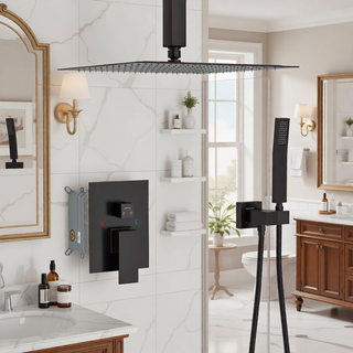 Sunvega Ceiling Mount Square Rainfall Shower System with Handheld Spray and Matte Black Finish