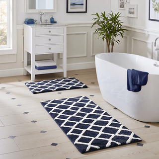 Sunvega Reversible High Pile Tufted Microfiber Bath Rug with Geometric Square and Stripes