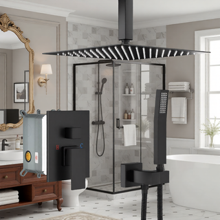 Sunvega Ceiling Mount Square Rainfall Shower System with Handheld Spray and Matte Black Finish