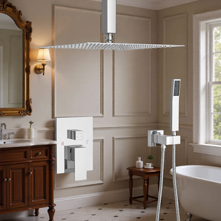 Sunvega Ceiling Mount Square Rainfall Shower System with Handheld Spray and Matte Black Finish