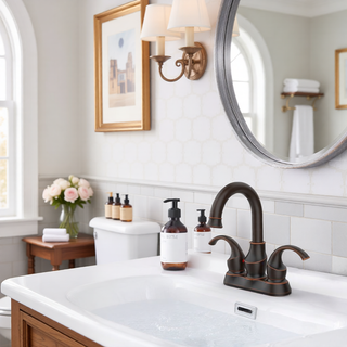 Sunvega Brushed Gold 2-Handle 4-Inch Centerset Vanity Sink Faucet with 360 Degree Rotating Spout