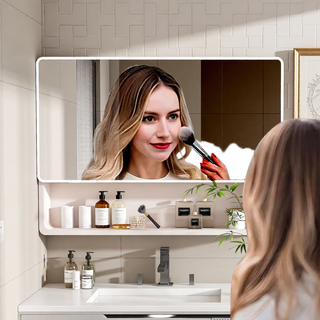 Sunvega Aluminium Medicine Cabinet Mirror with LED Light Defogging Function Cosmetic Storage Rack