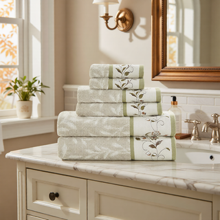 Sunvega Elegant Cotton Jacquard 6 Piece Towel Set with Floral Embroidery