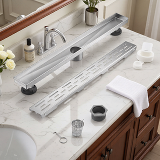 Sunvega 28 Inches Linear Shower Drain with Hair Strainer and Leveling Feet