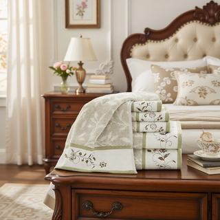 Sunvega Elegant Cotton Jacquard 6 Piece Towel Set with Floral Embroidery