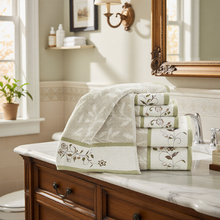 Sunvega Elegant Cotton Jacquard 6 Piece Towel Set with Floral Embroidery