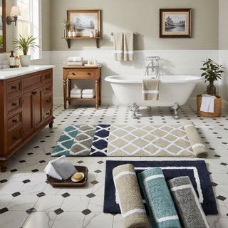 Sunvega Reversible High Pile Tufted Microfiber Bath Rug with Geometric Square and Stripes