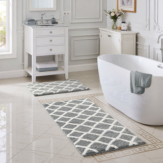 Sunvega Reversible High Pile Tufted Microfiber Bath Rug with Geometric Square and Stripes