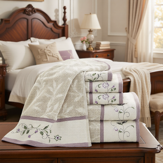 Sunvega Elegant Cotton Jacquard 6 Piece Towel Set with Floral Embroidery