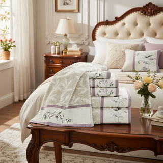 Sunvega Elegant Cotton Jacquard 6 Piece Towel Set with Floral Embroidery