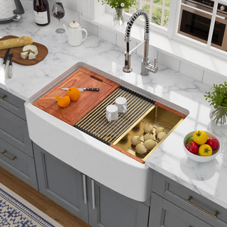 Sunvega 33 Inch White Porcelain Ceramic Farmhouse Kitchen Sink Workstation with Reversible Apron