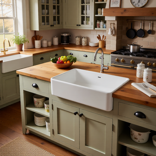 Sunvega 33 Inch White Porcelain Ceramic Farmhouse Kitchen Sink Workstation with Reversible Apron