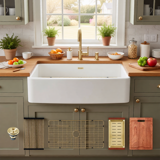 Sunvega 33 Inch White Porcelain Ceramic Farmhouse Kitchen Sink Workstation with Reversible Apron